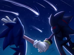 Size: 2048x1506 | Tagged: safe, artist:yami_pu3lla, shadow the hedgehog, sonic the hedgehog, 2025, abstract background, back view, duo, gay, hand up, holding hands, looking offscreen, nighttime, outdoors, shadow x sonic, shipping, shooting star, signature, standing, star (sky)