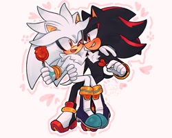 Size: 1378x1102 | Tagged: safe, artist:clouud_cat, shadow the hedgehog, silver the hedgehog, 2025, blushing, cute, duo, food, gay, heart, holding something, lollipop, looking at each other, shadow x silver, shadowbetes, shipping, silvabetes, simple background, sitting, sitting on lap, smile, toffee apple, valentine's day, white background, wink