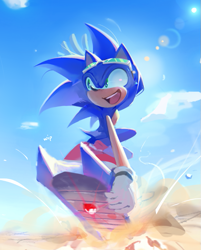 Size: 647x805 | Tagged: safe, artist:lukremium, sonic the hedgehog, 2025, abstract background, clouds, explosive, extreme gear, glasses, holding something, lineless, looking offscreen, mouth open, outdoors, sand, sand ruins, smile, solo, sonic riders, sunglasses, unaware