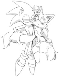 Size: 930x1180 | Tagged: safe, artist:pachirizuu, miles "tails" prower, sonic the hedgehog, 2025, age difference, duo, gay, holding tail, holding them, lidded eyes, line art, looking at them, looking away, monochrome, shipping, simple background, smile, sonic x tails, standing, sweatdrop, underage, white background