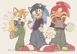 Size: 2048x1425 | Tagged: safe, artist:te____zz, knuckles the echidna, miles "tails" prower, sonic the hedgehog, 2024, alternate outfit, beanie, frown, grey background, hand in pocket, hat, headphones, headphones around neck, holding something, hoodie, jeans, looking at viewer, looking offscreen, mouth open, overalls, pants, shirt, signature, simple background, smile, spray can, standing, team sonic, trio