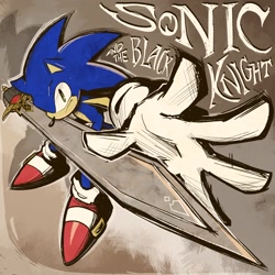 Size: 2048x2048 | Tagged: safe, artist:mercadex_8, sonic the hedgehog, sonic and the black knight, 2025, abstract background, english text, frown, holding something, looking at viewer, redraw, solo, sword