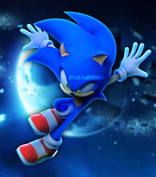 Size: 1801x2047 | Tagged: safe, artist:diaxbond, sonic the hedgehog, 2025, 3d, abstract background, looking down, mid-air, signature, solo