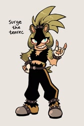 Size: 1160x1728 | Tagged: safe, artist:frulleboi, surge the tenrec, 2025, arm fluff, character name, devil horns (gesture), grey background, hand on hip, looking at viewer, redesign, shoulder fluff, simple background, smile, solo, standing