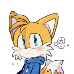 Size: 1000x1000 | Tagged: safe, artist:pupu77859245726, miles "tails" prower, 2024, blushing, frown, hoodie, looking at viewer, simple background, solo, tailabetes, white background