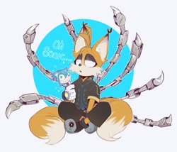 Size: 1600x1371 | Tagged: safe, artist:s3nju28, miles "tails" prower, nine, sonic prime, 2024, abstract background, dialogue, ear fluff, english text, eyeshadow, food, holding something, legs crossed, lidded eyes, looking offscreen, mouth open, sitting, solo, sonic ice cream