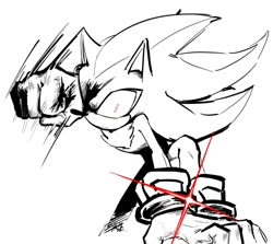 Size: 1344x1198 | Tagged: safe, artist:yootkie, shadow the hedgehog, 2025, frown, grey background, line art, looking at viewer, monochrome, punching, shine, shrunken pupils, simple background, solo, this will end in injury and/or death, this won't end well