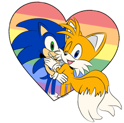 Size: 2048x2022 | Tagged: safe, artist:triplettailedfox, miles "tails" prower, sonic the hedgehog, 2025, clenched teeth, duo, flat colors, gay, heart, holding each other, holding hands, looking at viewer, looking over shoulder, mobius.social exclusive, mouth open, one eye closed, one fang, pride, shipping, signature, simple background, smile, sonic x tails, standing, transparent background, wink