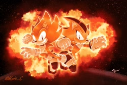 Size: 2048x1365 | Tagged: safe, artist:rechi_c, shadow the hedgehog, sonic the hedgehog, super shadow, super sonic, sonic the hedgehog 3 (film), 2025, abstract background, clenched teeth, duo, explosion, looking at viewer, redraw, signature, smile, super form