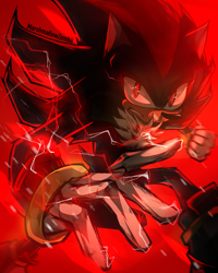 Size: 3240x4050 | Tagged: safe, artist:marshmallowzombii, shadow the hedgehog, 2025, clenched fist, clenched teeth, electricity, frown, looking at viewer, red background, signature, simple background, solo, standing