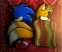 Size: 1280x1087 | Tagged: safe, artist:mlptmntdisneykauane, miles "tails" prower, sonic the hedgehog, sonic the hedgehog 2 (2022), 2022, abstract background, blanket, duo, eyes closed, indoors, redraw, sleeping