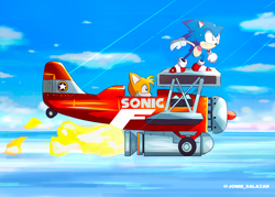 Size: 3500x2500 | Tagged: safe, artist:jonnisalazar, miles "tails" prower, sonic the hedgehog, 2020, abstract background, classic sonic, classic tails, clouds, daytime, duo, flame, frown, looking at them, looking offscreen, ocean, outdoors, signature, sonic the hedgehog 3, tornado i