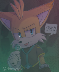 Size: 2500x3076 | Tagged: safe, artist:xdamyrax, miles "tails" prower, nine, sonic prime, 2023, abstract background, exclamation mark, food, holding something, lidded eyes, lollipop, looking at viewer, nine is not amused, outline, shadow (lighting), signature, solo, speech bubble, standing, tongue out