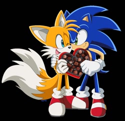 Size: 1280x1237 | Tagged: safe, artist:montyth, miles "tails" prower, sonic the hedgehog, 2025, arm around shoulders, black background, blushing, chocolate, chocolate box, cute, duo, gay, heart, holding something, looking at each other, mouth open, one eye closed, shipping, simple background, smile, sonic x style, sonic x tails, standing, valentine's day, wink