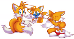 Size: 1800x956 | Tagged: safe, artist:montyth, miles "tails" prower, 2020, bug, butterfly, cute, eyes closed, floppy ear, hugging tail, literal animal, looking at something, looking at viewer, mouth open, one fang, simple background, smile, solo, standing, tailabetes, white background