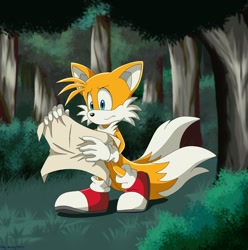 Size: 2000x2016 | Tagged: safe, artist:montyth, miles "tails" prower, 2021, bush, daytime, forest, frown, grass, holding something, looking at something, map, outdoors, solo, sonic x style, tree, walking