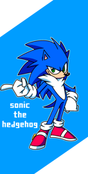 Size: 1440x2844 | Tagged: safe, artist:arupha, sonic the hedgehog, 2023, abstract background, blue background, character name, chest fluff, clenched fist, gloves, hand on hip, looking at viewer, outline, pointing, redesign, shoes, smile, solo, standing