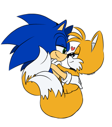 Size: 1799x2048 | Tagged: safe, artist:triplettailedfox, miles "tails" prower, sonic the hedgehog, 2025, duo, flat colors, gay, heart, holding each other, lidded eyes, looking at each other, mobius.social exclusive, shipping, signature, simple background, smile, sonic x tails, transparent background, wrapped in tails