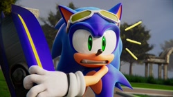 Size: 2048x1152 | Tagged: safe, artist:cyb3d128, sonic the hedgehog, 2025, 3d, abstract background, clenched teeth, extreme gear, holding something, looking offscreen, outdoors, redraw, solo, sonic riders, standing, surprised, tree