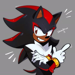 Size: 2048x2048 | Tagged: safe, artist:pwxcii, shadow the hedgehog, 2025, arms folded, character name, clenched teeth, grey background, looking at viewer, pointing, simple background, smile, solo, standing