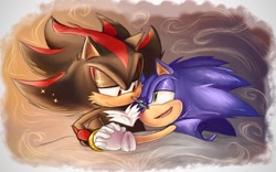 Size: 881x548 | Tagged: safe, artist:sukiiwake, shadow the hedgehog, sonic the hedgehog, 2025, abstract background, cheek fluff, cute, duo, gay, holding hands, lidded eyes, looking at each other, one eye closed, shadow x sonic, shipping, signature, smile, sparkles, valentine's day