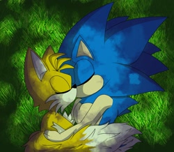 Size: 2048x1787 | Tagged: safe, artist:yinlin, miles "tails" prower, sonic the hedgehog, 2025, abstract background, duo, eyes closed, gay, grass, holding each other, kiss, outdoors, shipping, sonic x tails, valentine's day