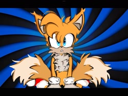 Size: 2048x1536 | Tagged: safe, artist:team_cha0tix, miles "tails" prower, 2024, abstract background, clenched teeth, kneeling, looking at viewer, solo