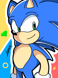 Size: 768x1024 | Tagged: safe, artist:neko-sky20089, sonic the hedgehog, 2024, abstract background, chaos emerald, looking at viewer, outline, ring, signature, smile, solo, standing, star (symbol)