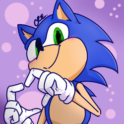 Size: 600x600 | Tagged: safe, artist:lemonadepikachu, sonic the hedgehog, 2023, abstract background, blushing, heart hands, looking at viewer, signature, smile, solo, standing