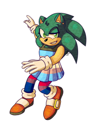 Size: 1280x1679 | Tagged: safe, artist:chibigalaxies, sonic the hedgehog, 2022, bisexual, bisexual pride, clenched teeth, dress, ear piercing, earring, eyelashes, freckles, looking at viewer, simple background, smile, solo, standing, stockings, trans male, trans pride, transparent background