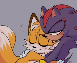 Size: 2048x1679 | Tagged: safe, artist:iluskonai, miles "tails" prower, shadow the hedgehog, 2023, blushing, cuddling, cute, duo, eyebrow clipping through hair, eyes closed, gay, grey background, heart, looking at them, shadow x tails, shipping, signature, simple background, smile