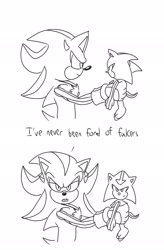 Size: 1341x2048 | Tagged: safe, artist:aridombo, shadow the hedgehog, oc, 2025, baby, carrying them, dialogue, duo, english text, fankid, father and child, frown, lidded eyes, line art, looking at each other, looking at viewer, magical gay spawn, monochrome, mouth open, parent:espio, parent:shadow, parents:shadpio, simple background, standing, white background