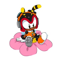 Size: 606x588 | Tagged: safe, artist:boyscout_badger, charmy bee, 2025, charmabetes, cute, flower, looking down, mouth open, simple background, sitting, solo, white background