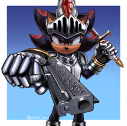 Size: 1920x1916 | Tagged: safe, artist:mariin_luuv, shadow the hedgehog, sonic and the black knight, sonic the hedgehog 3 (film), 2025, border, frown, gradient background, gun, holding something, lineless, looking at viewer, pointing gun at viewer, signature, sir lancelot, solo, standing, sword