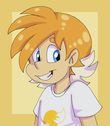 Size: 1043x1194 | Tagged: safe, artist:itoruna-the-platypus, miles "tails" prower, human, 2016, abstract background, clenched teeth, humanized, looking at viewer, shirt, smile, solo, tails logo