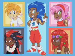 Size: 3607x2719 | Tagged: safe, artist:itoruna-the-platypus, amy rose, knuckles the echidna, miles "tails" prower, shadow the hedgehog, sonic the hedgehog, human, 2016, abstract background, clothes, frown, group, humanized, jacket, looking at viewer, mouth open, pants, pointing, shirt, smile, standing, wink