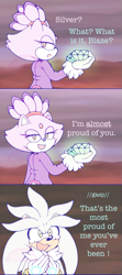 Size: 483x1091 | Tagged: safe, artist:skittikyu, blaze the cat, silver the hedgehog, 2019, abstract background, chaos emerald, comic, crying, dialogue, duo, english text, holding something, lidded eyes, mouth open, real-time fandub games, smile, standing, tears, tears of happiness