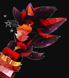 Size: 1024x1153 | Tagged: safe, artist:cerculor, shadow the hedgehog, 2017, black background, frown, hands between legs, lidded eyes, looking at viewer, one fang, outline, signature, simple background, sitting, solo, star (symbol), were form, werehog, yellow sclera