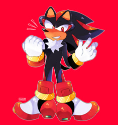 Size: 1024x1088 | Tagged: safe, artist:cerculor, shadow the hedgehog, 2018, clenched fist, clenched teeth, looking at viewer, red background, simple background, smile, solo, standing