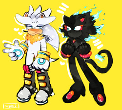 Size: 1024x931 | Tagged: safe, artist:cerculor, blaze the cat, 2018, clenched fist, clenched fists, lidded eyes, looking at them, looking at viewer, prototype blaze, signature, simple background, smile, standing, v sign, venice the hedgehog, yellow background