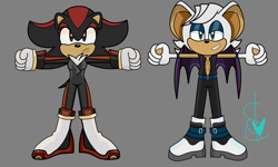 Size: 7500x4500 | Tagged: safe, artist:soap-rain, rouge the bat, shadow the hedgehog, 2022, belt, bodysuit, boots, clenched teeth, clothes, duo, eyelashes, frown, gender swap, grey background, lidded eyes, signature, simple background, smile, t-pose