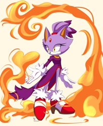 Size: 1675x2048 | Tagged: safe, artist:vettelemdam, blaze the cat, 2023, cream background, fire, heart, looking offscreen, simple background, smile, solo, standing