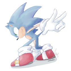 Size: 1487x1481 | Tagged: safe, artist:vettelemdam, sonic the hedgehog, 2023, looking offscreen, shadow (lighting), signature, simple background, smile, solo, v sign, white background