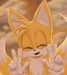 Size: 768x869 | Tagged: safe, artist:iyo_hghg, miles "tails" prower, 2025, abstract background, blushing, cute, double v sign, eyes closed, mouth open, signature, solo, tailabetes, v sign