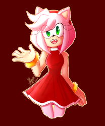 Size: 2500x3000 | Tagged: safe, artist:velvedd, amy rose, 2019, eye clipping through hair, fangs, mouth open, outline, red background, signature, simple background, smile, solo, standing