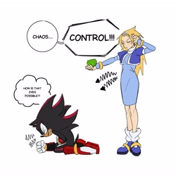 Size: 3200x3200 | Tagged: safe, artist:piranha_ha, maria robotnik, shadow the hedgehog, chaos control, chaos emerald, dialogue, duo, english text, simple background, white background