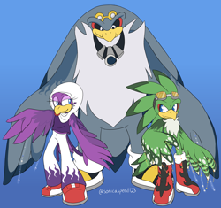 Size: 4000x3767 | Tagged: safe, artist:sonicaspeed123, jet the hawk, storm the albatross, wave the swallow, 2022, babylon rogues, black sclera, eyelashes, flat colors, gradient background, lidded eyes, looking at them, looking at viewer, redesign, smile, standing, trio, wings