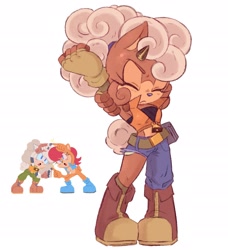 Size: 2100x2300 | Tagged: safe, artist:twistedsquid, lanolin the sheep, sally acorn, chipmunk, sheep, dragon ball z, fusion, fusion:lanolin, fusion:sally, stretching, trio