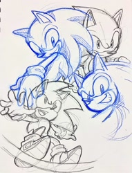 Size: 1566x2048 | Tagged: safe, artist:hesperidiae, sonic the hedgehog, 2025, clenched teeth, line art, looking at viewer, looking offscreen, monochrome, rail grinding, sketch, smile, solo, traditional media