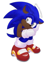 Size: 1232x1606 | Tagged: safe, artist:sonicaspeed123, sonic the hedgehog, 2024, alternate eye color, eyes closed, frown, grey eyes, head rest, looking at viewer, signature, simple background, sitting, soap shoes, solo, transparent background